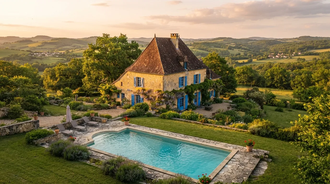 Le Clos des Chênes, maison de pierre et piscine au coucher du soleil